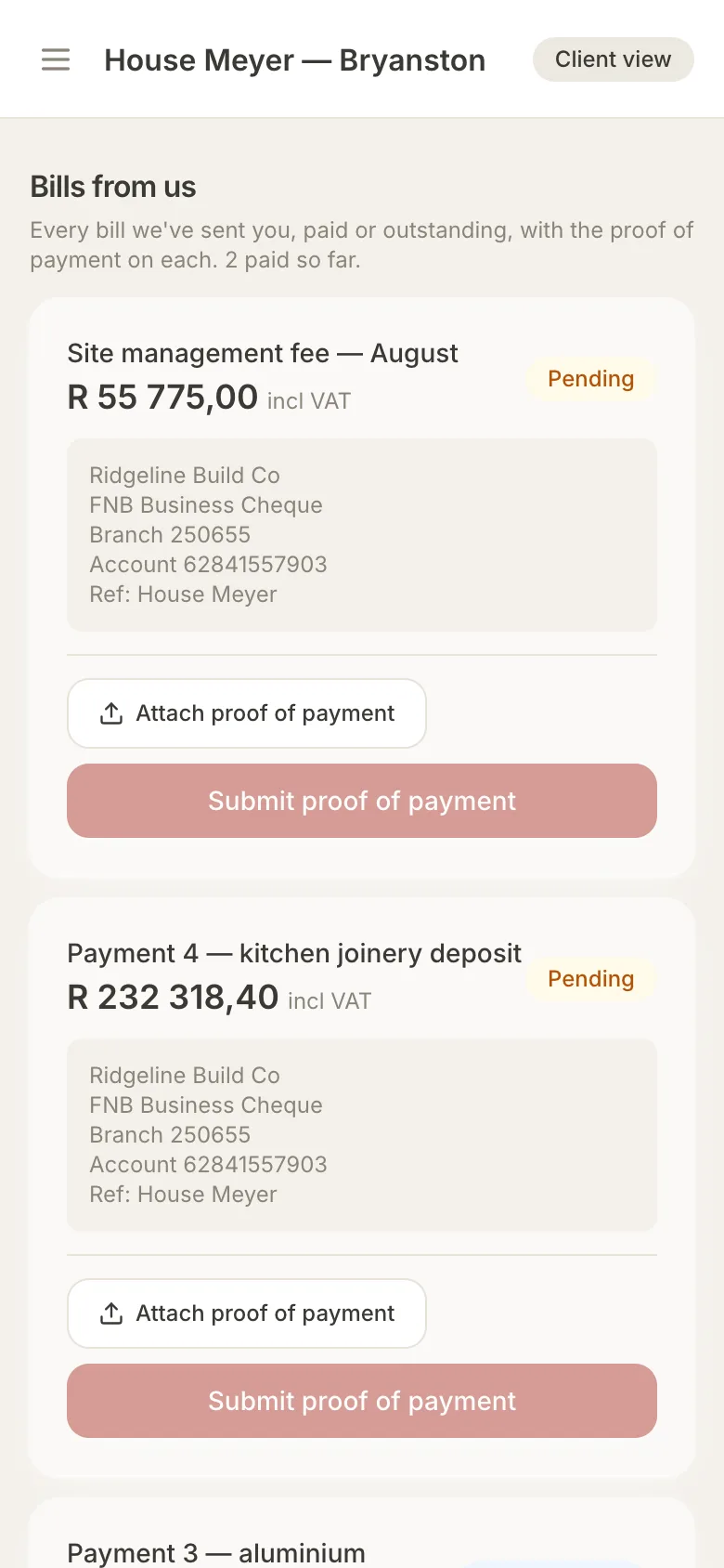 onSite client portal bills page with amount incl VAT, builder bank details and proof-of-payment upload