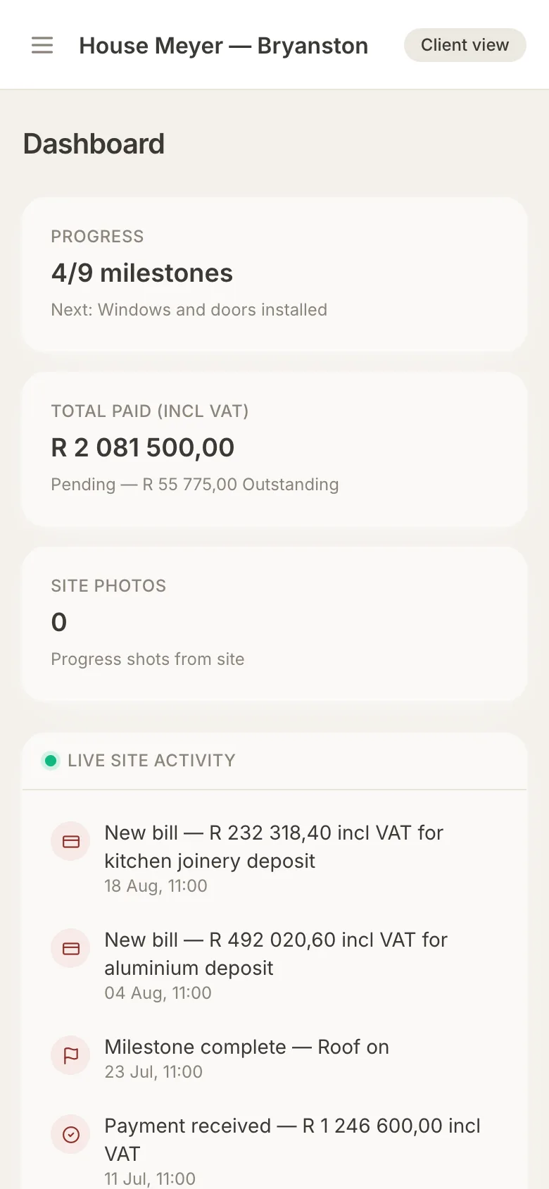 onSite client portal dashboard: 4 of 9 milestones, total paid incl VAT and live site activity