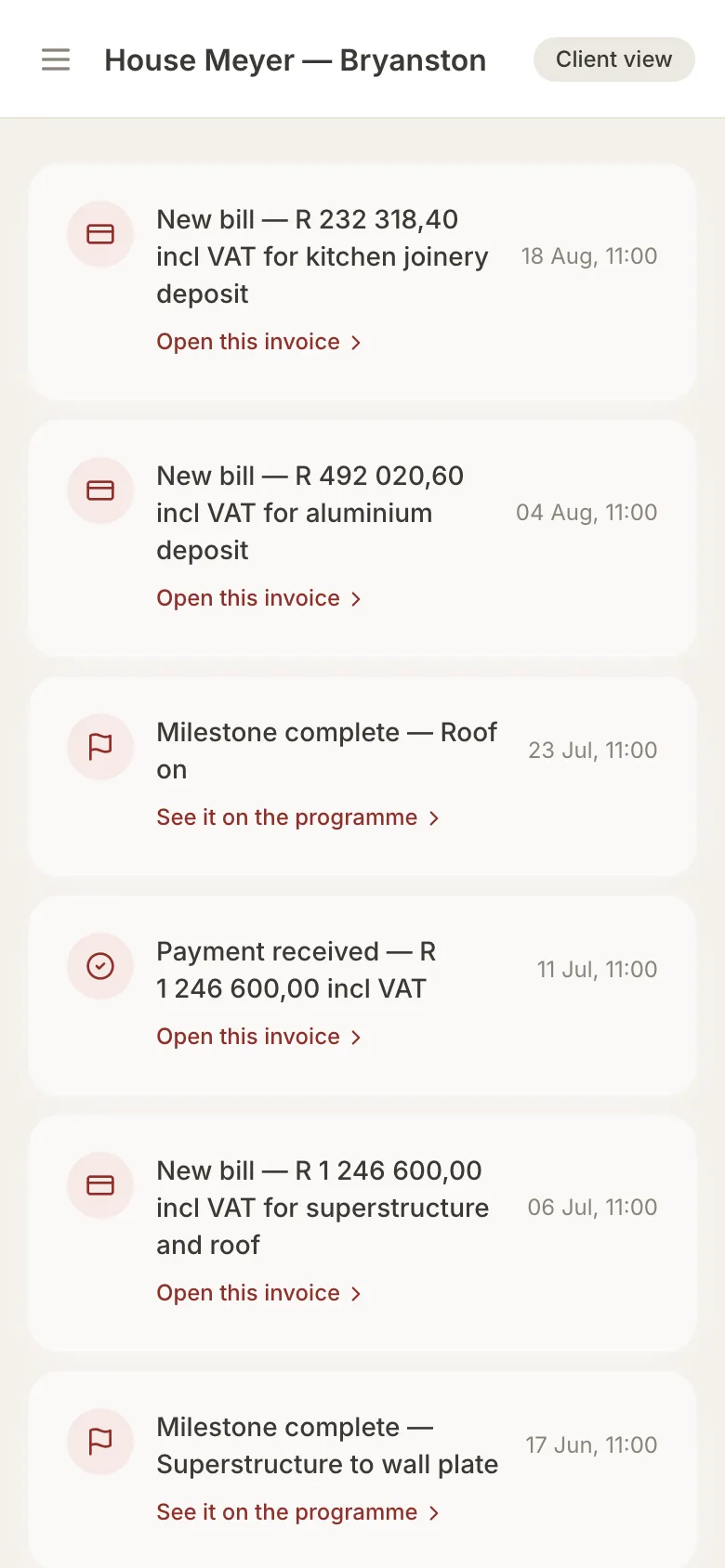 onSite client portal updates feed: new bills, payment received and milestones completed