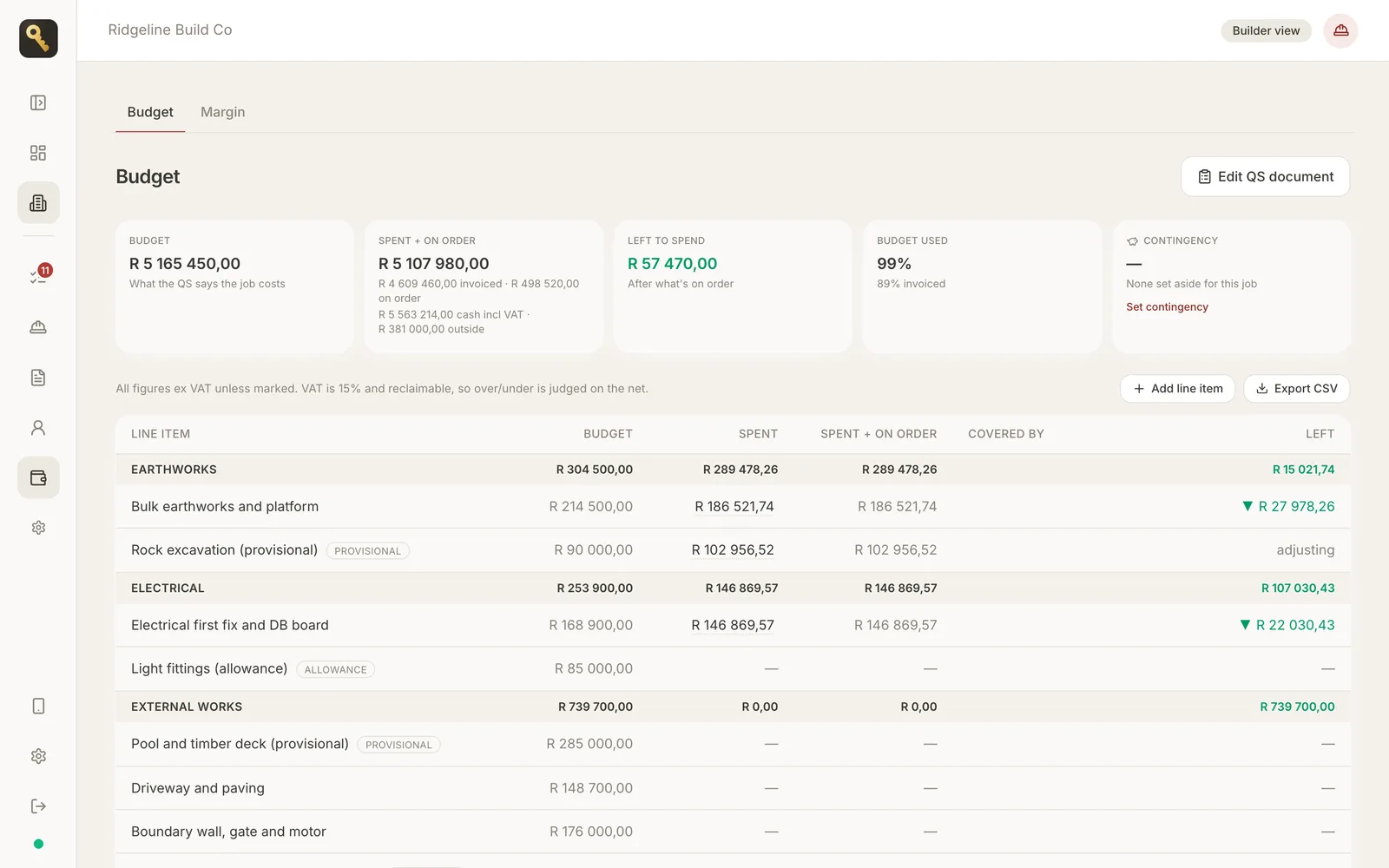 onSite Budget page: R5.16m QS budget with spent, on order and left to spend per line item, provisional and allowance lines marked