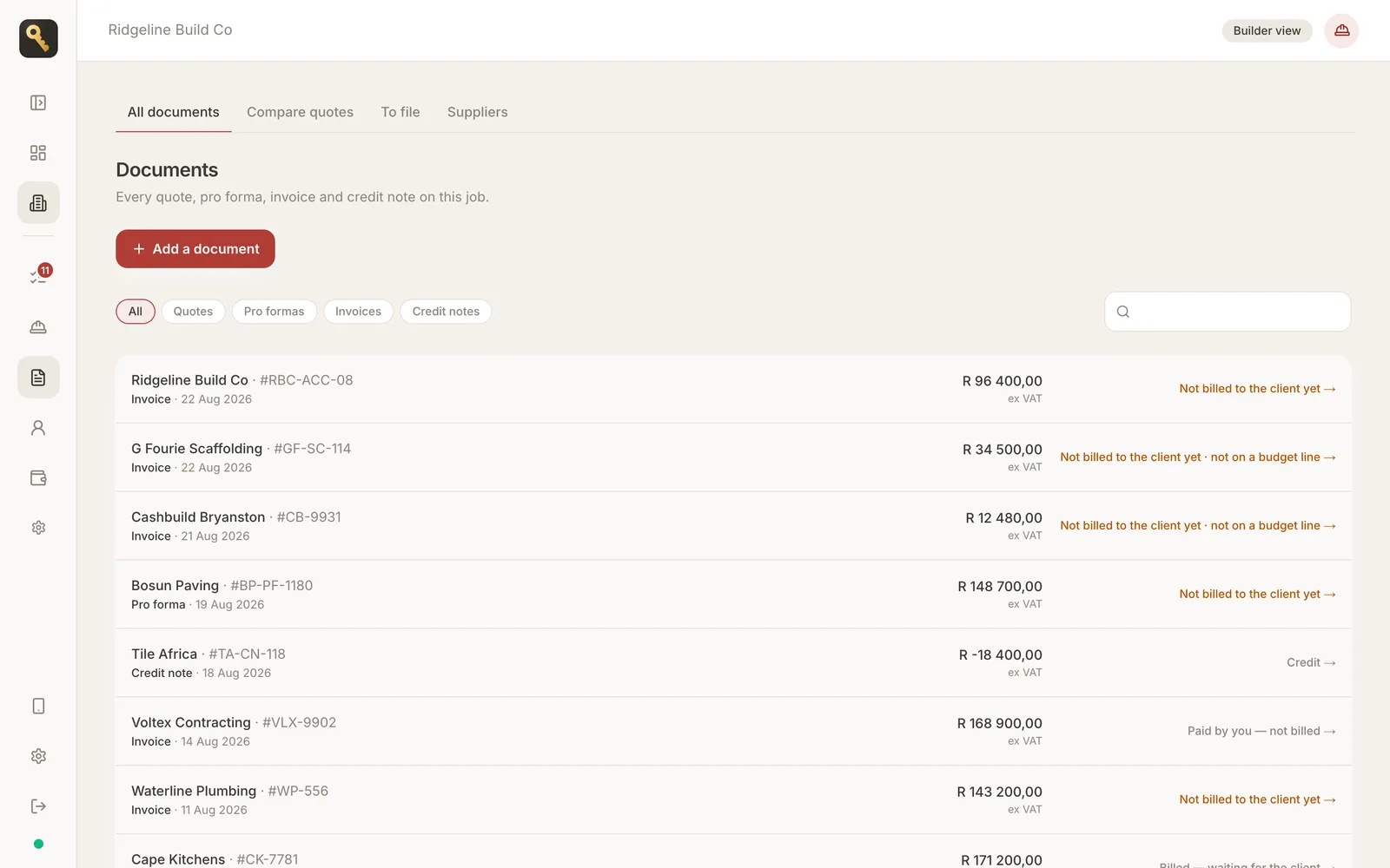 onSite Documents page listing supplier invoices, a pro forma and a credit note with amounts ex VAT and billing status