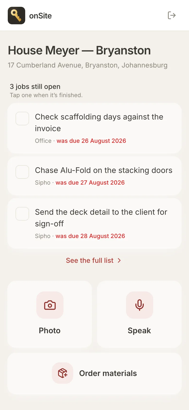 onSite site app on a phone: open jobs list with Photo, Speak and Order materials buttons